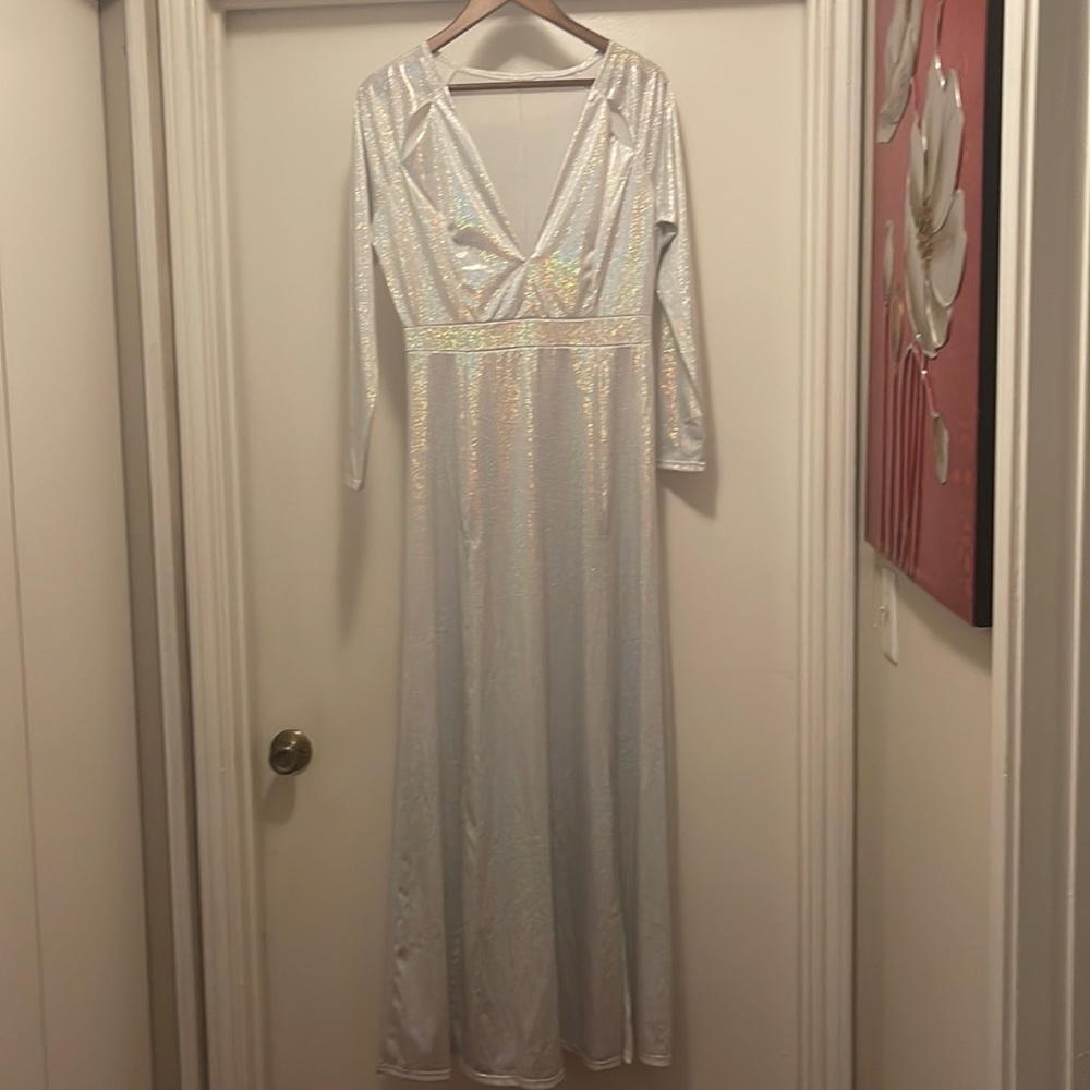 New Silver Split Long sleeve Evening wear Dress
